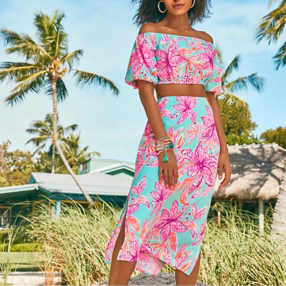 LILLY PULITZER Esmeray Set Surf Blue Bonita Blooms Skirt Puff Sleeve Crop Top - Picture 11 of 13